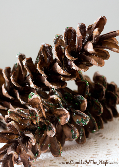 Make these beautiful glitter pine cones to decorate for fall and winter both! | candleinthenight.com
