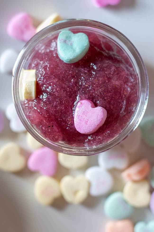 Conversation heart edible slime--a great Valentine's Day craft for kids!