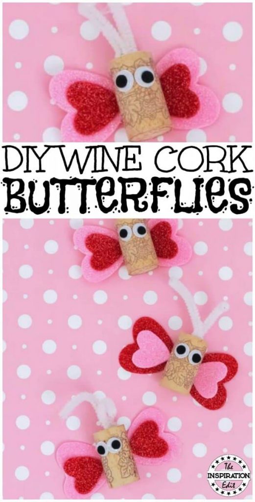 Butterflies made out of corks and glitter hearts make the perfect kids craft for Valentine's Day!