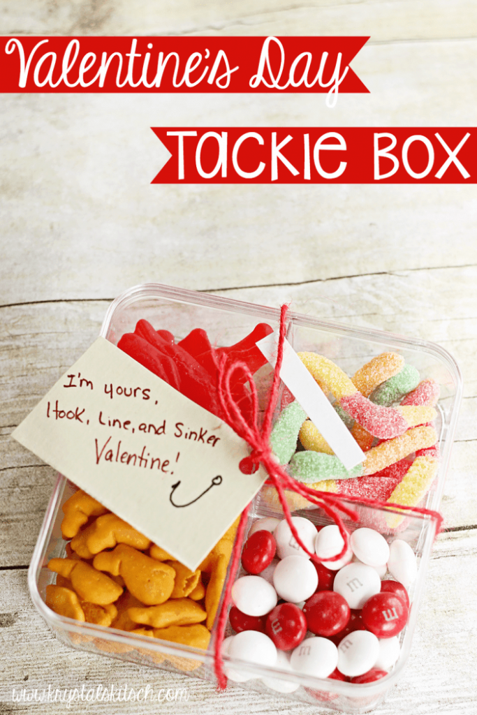Valentine's Day tackle box gift containing gummy fish and worms, m&m's and goldfish crackers. 