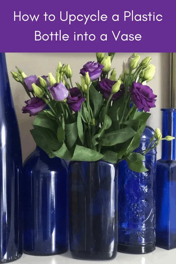 Upcycle a blue plastic bottle into a vase.